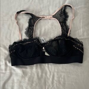 Black and Pink Lace Balconette Bra with Bow Accents